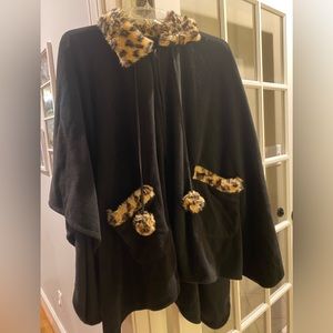 Women's Poncho w/ Cheetah Faux Fur Collar, Fleece Cloak Coat, by Midnight Velvet